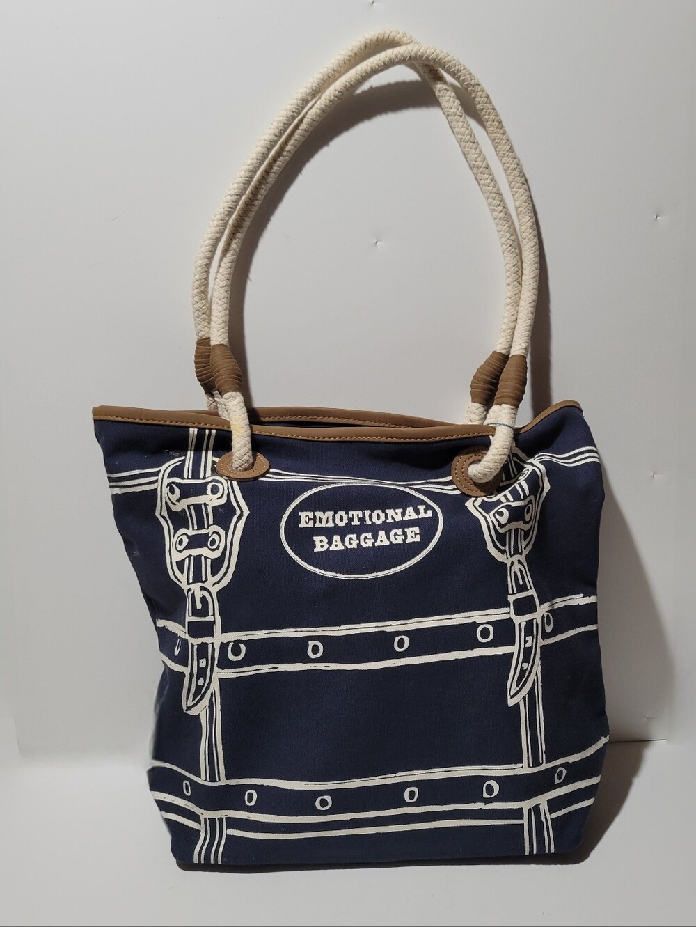 JKC Studio "Emotional Baggage" Tote Bag Navy Rope Handles Printed Design